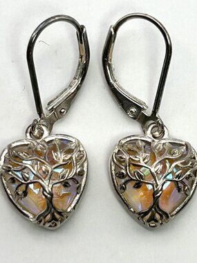 925 Sterling Silver Tree of Life Heart Earrings Iridescent Art Glass Lever Back